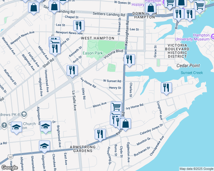map of restaurants, bars, coffee shops, grocery stores, and more near 37 Henry Street in Hampton