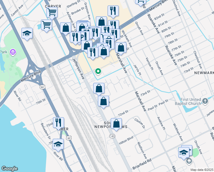 map of restaurants, bars, coffee shops, grocery stores, and more near 26 Riverlands Drive in Newport News