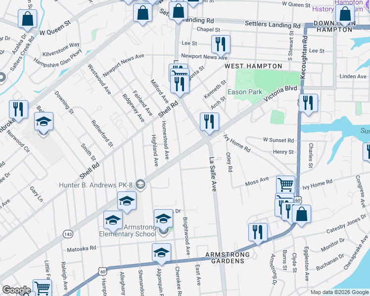 map of restaurants, bars, coffee shops, grocery stores, and more near 3513 Victoria Boulevard in Hampton