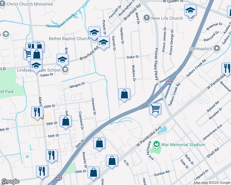 map of restaurants, bars, coffee shops, grocery stores, and more near 132 Garrett Drive in Hampton