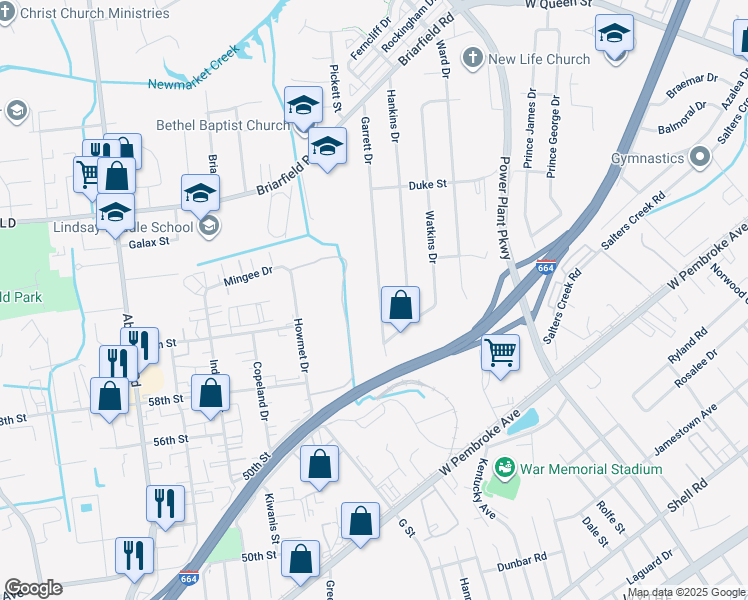 map of restaurants, bars, coffee shops, grocery stores, and more near 132 Garrett Drive in Hampton