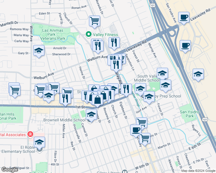 map of restaurants, bars, coffee shops, grocery stores, and more near 8020 Church Street in Gilroy