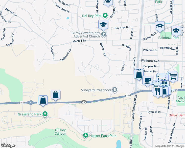 map of restaurants, bars, coffee shops, grocery stores, and more near 8320 Chantrelle Court in Gilroy