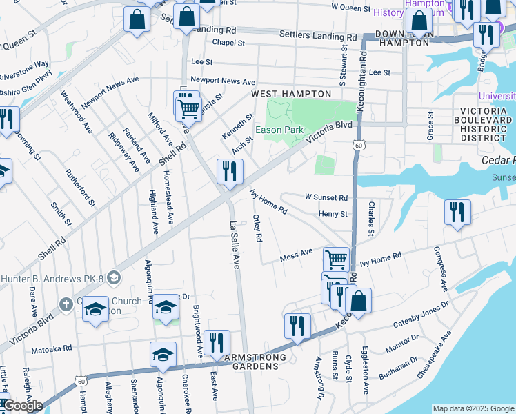 map of restaurants, bars, coffee shops, grocery stores, and more near 356 Otley Road in Hampton