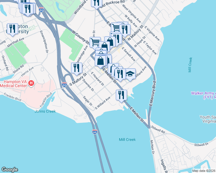 map of restaurants, bars, coffee shops, grocery stores, and more near 121 South Curry Street in Hampton