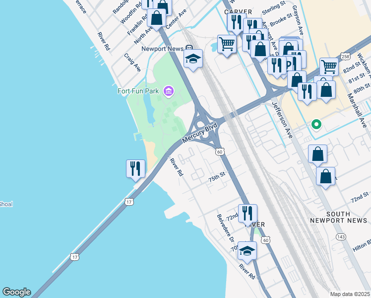 map of restaurants, bars, coffee shops, grocery stores, and more near 75 Towne Square Drive in Newport News