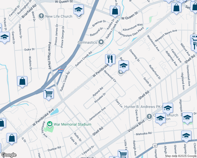 map of restaurants, bars, coffee shops, grocery stores, and more near 2827 Ryland Road in Hampton