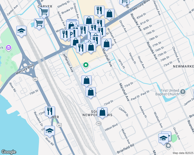 map of restaurants, bars, coffee shops, grocery stores, and more near 45 Riverlands Drive in Newport News