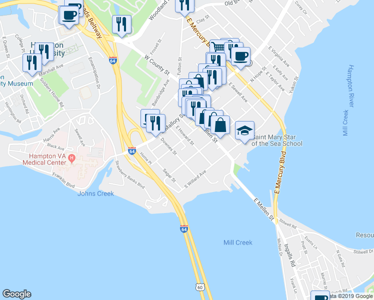 map of restaurants, bars, coffee shops, grocery stores, and more near 209 Williams Street in Hampton