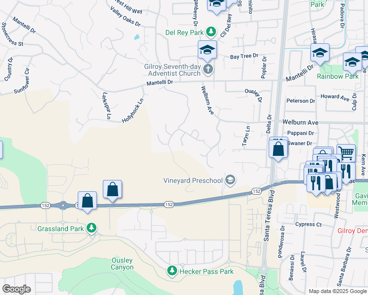 map of restaurants, bars, coffee shops, grocery stores, and more near 8320 Chantrelle Court in Gilroy