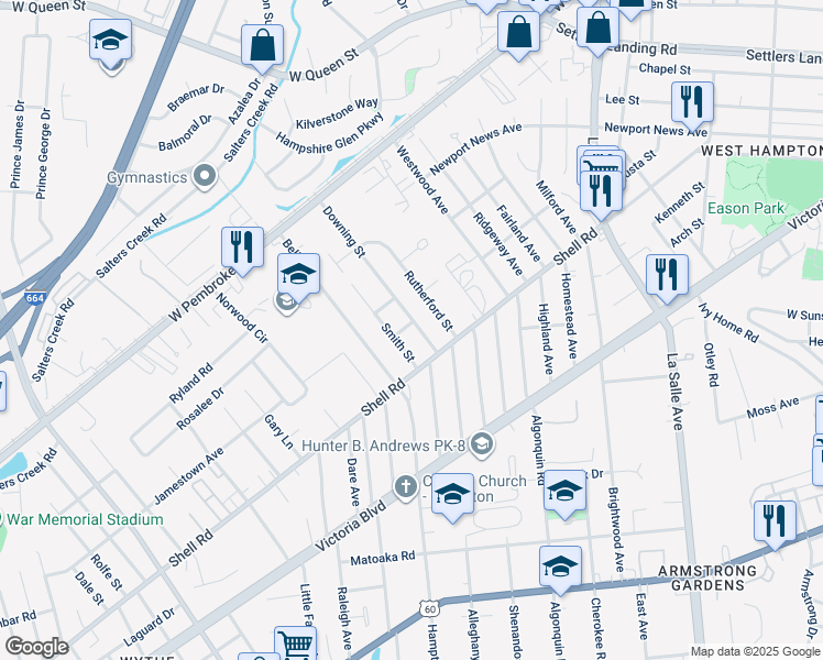 map of restaurants, bars, coffee shops, grocery stores, and more near 627 Downing Street in Hampton