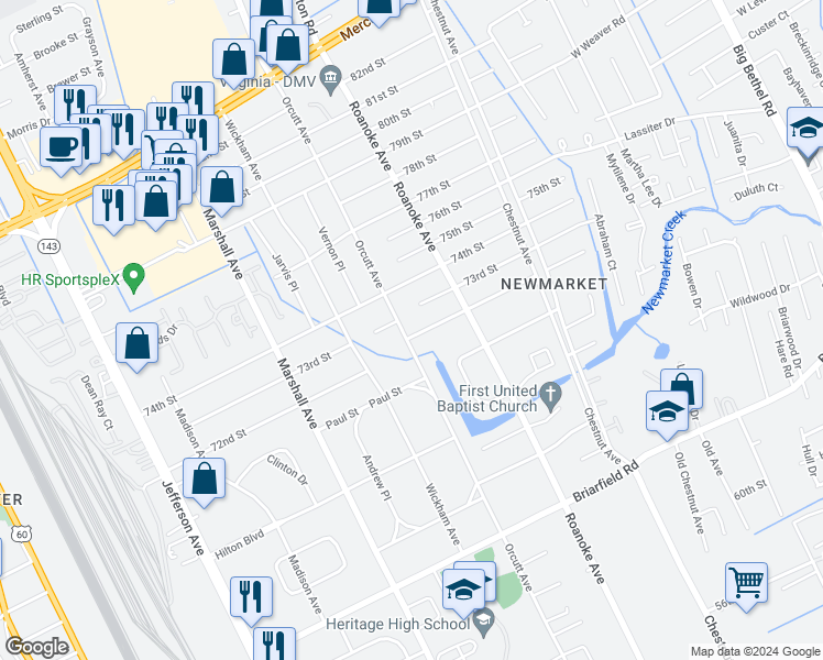 map of restaurants, bars, coffee shops, grocery stores, and more near 7200 Orcutt Avenue in Newport News
