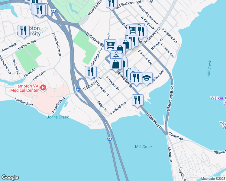 map of restaurants, bars, coffee shops, grocery stores, and more near 209 Williams Street in Hampton