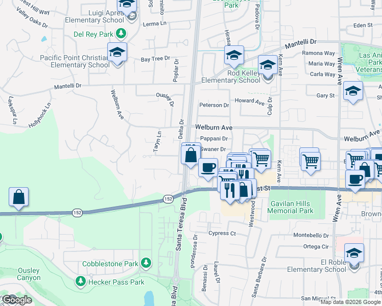 map of restaurants, bars, coffee shops, grocery stores, and more near 8266 Gaunt Avenue in Gilroy