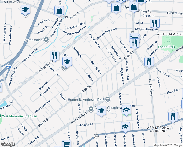 map of restaurants, bars, coffee shops, grocery stores, and more near 627 Downing Street in Hampton
