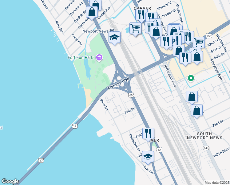 map of restaurants, bars, coffee shops, grocery stores, and more near 53 Towne Square Dr in Newport News