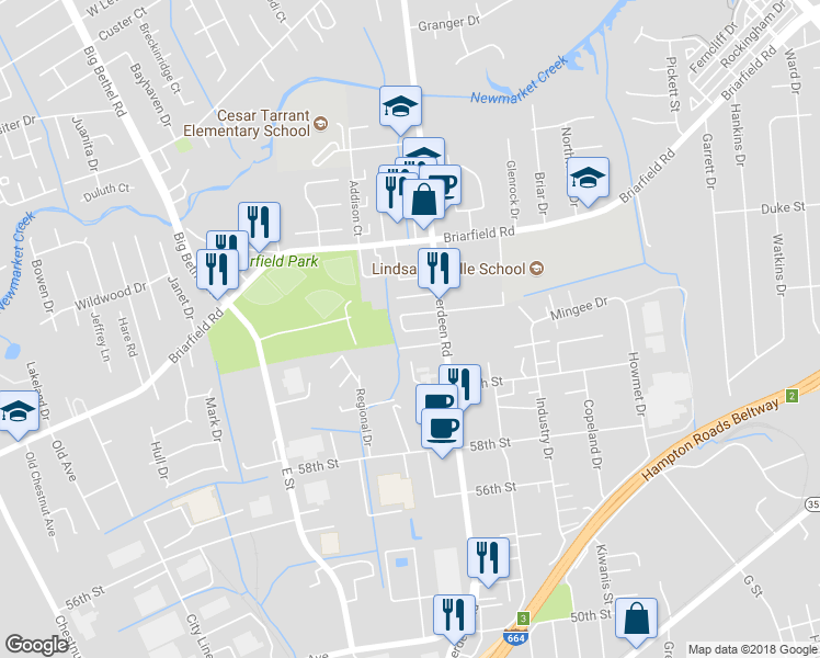 map of restaurants, bars, coffee shops, grocery stores, and more near 637 Aberdeen Road in Hampton