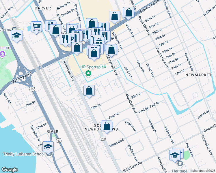map of restaurants, bars, coffee shops, grocery stores, and more near 707 Austin Court in Newport News