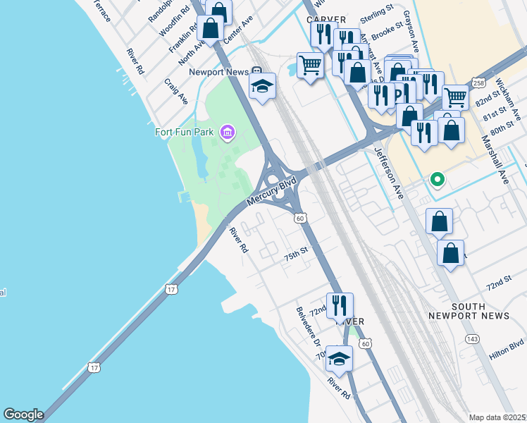 map of restaurants, bars, coffee shops, grocery stores, and more near 53 Towne Square Dr in Newport News