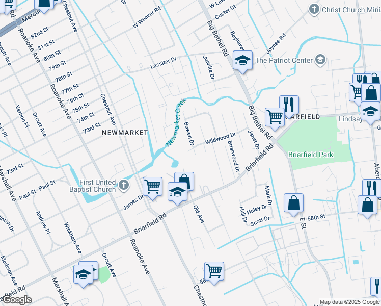map of restaurants, bars, coffee shops, grocery stores, and more near 5 Bowen Drive in Hampton