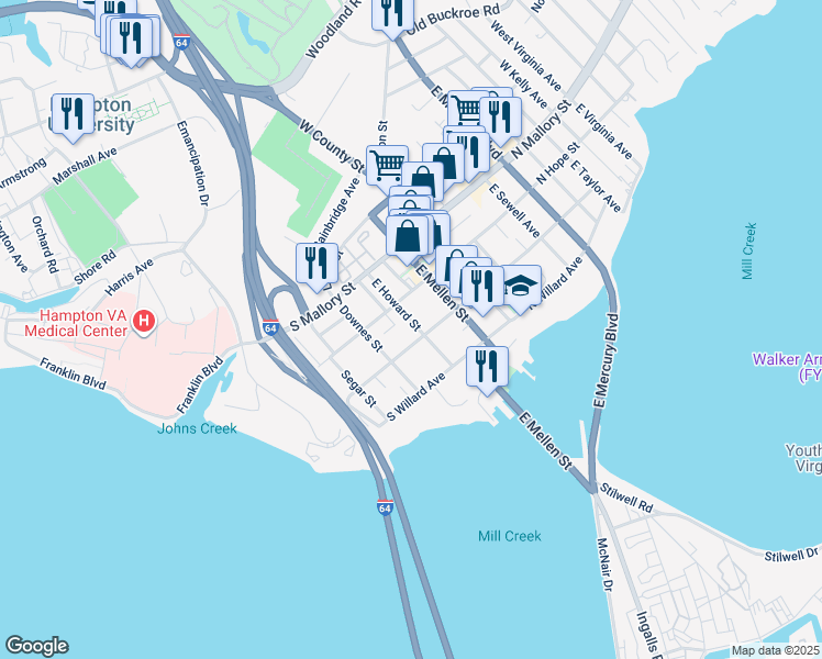 map of restaurants, bars, coffee shops, grocery stores, and more near 118 East Howard Street in Hampton