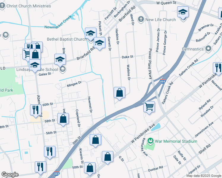 map of restaurants, bars, coffee shops, grocery stores, and more near 130 Garrett Drive in Hampton