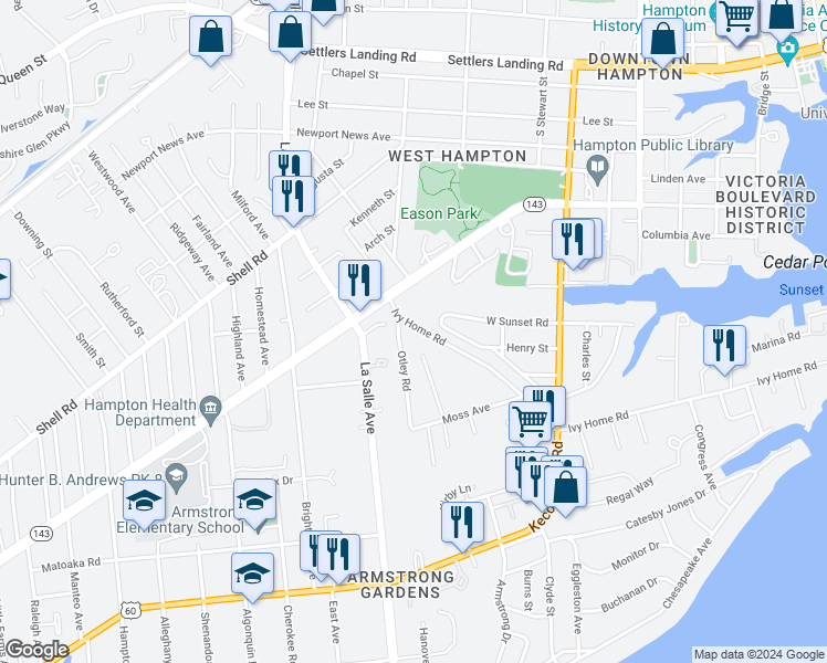map of restaurants, bars, coffee shops, grocery stores, and more near 349 Ivy Home Road in Hampton