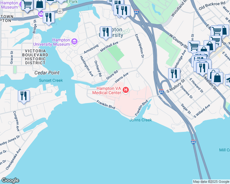 map of restaurants, bars, coffee shops, grocery stores, and more near 100 Emancipation Drive in Hampton