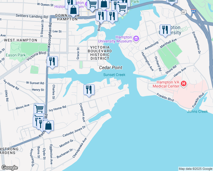 map of restaurants, bars, coffee shops, grocery stores, and more near 19 Capps Quarters in Hampton