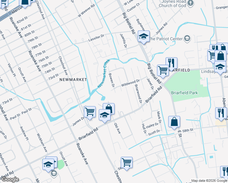map of restaurants, bars, coffee shops, grocery stores, and more near 1 Bowen Drive in Hampton