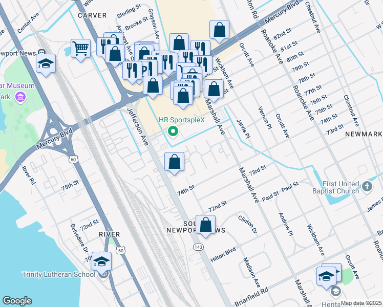 map of restaurants, bars, coffee shops, grocery stores, and more near 48 Riverlands Drive in Newport News