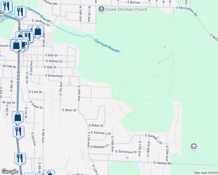 map of restaurants, bars, coffee shops, grocery stores, and more near 1299 E Georgia St in Ozark