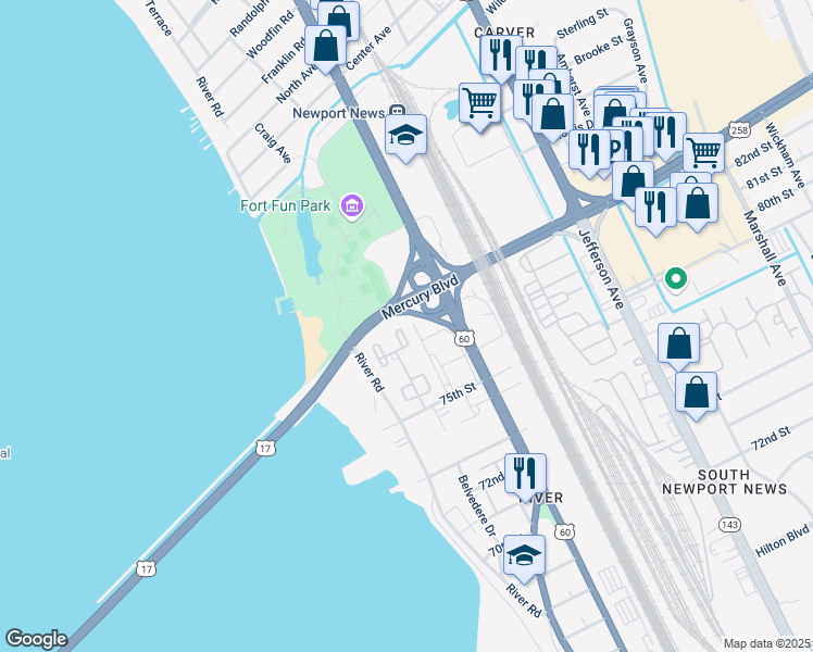 map of restaurants, bars, coffee shops, grocery stores, and more near 75 Towne Square Drive in Newport News