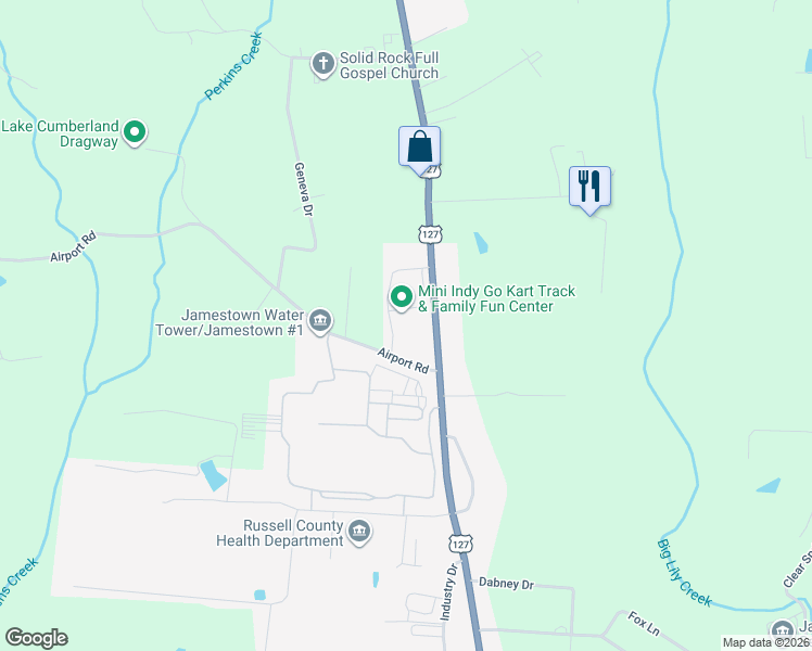 map of restaurants, bars, coffee shops, grocery stores, and more near 128 Airport Road in Russell Springs