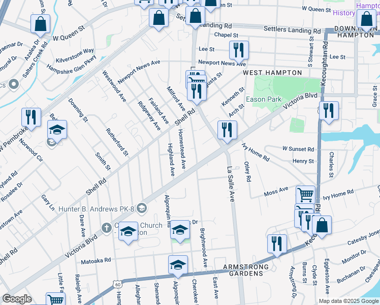 map of restaurants, bars, coffee shops, grocery stores, and more near 3513 Victoria Boulevard in Hampton
