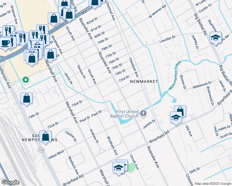 map of restaurants, bars, coffee shops, grocery stores, and more near 1016 72nd Street in Newport News