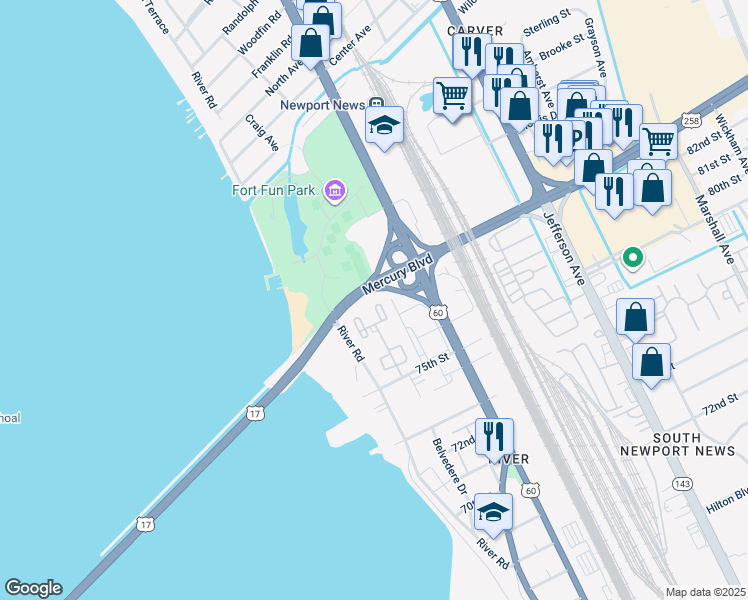 map of restaurants, bars, coffee shops, grocery stores, and more near 62 Towne Square Drive in Newport News