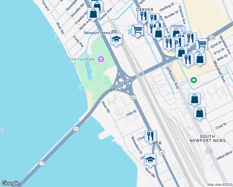 map of restaurants, bars, coffee shops, grocery stores, and more near 75 Towne Square Drive in Newport News