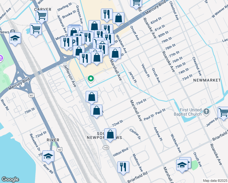 map of restaurants, bars, coffee shops, grocery stores, and more near Austin Court in Newport News