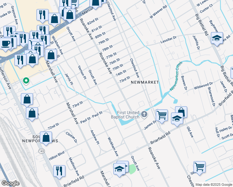 map of restaurants, bars, coffee shops, grocery stores, and more near 1016 72nd Street in Newport News
