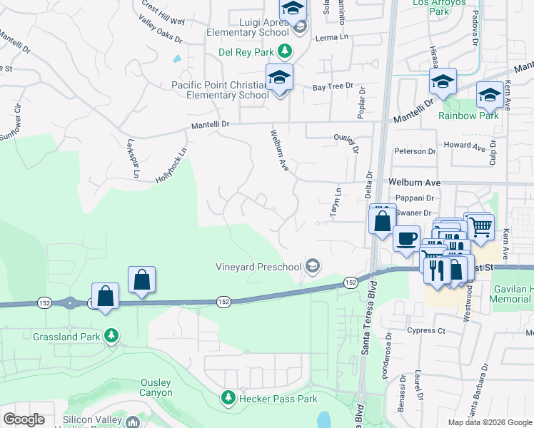 map of restaurants, bars, coffee shops, grocery stores, and more near 8262 Rancho Real in Gilroy