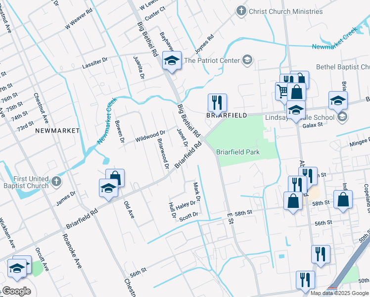 map of restaurants, bars, coffee shops, grocery stores, and more near 23 Janet Drive in Hampton