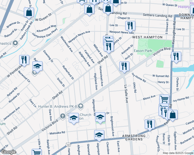 map of restaurants, bars, coffee shops, grocery stores, and more near 500 Highland Avenue in Hampton