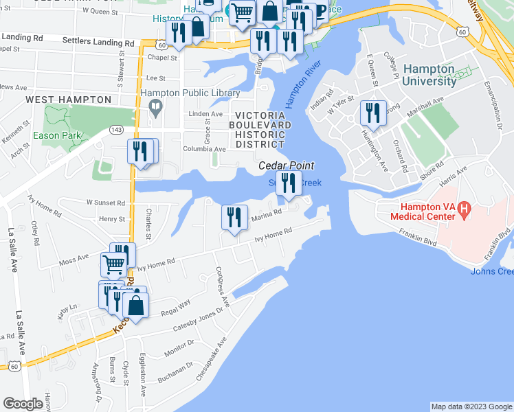 map of restaurants, bars, coffee shops, grocery stores, and more near 99 Marina Road in Hampton