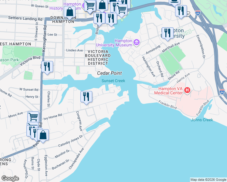 map of restaurants, bars, coffee shops, grocery stores, and more near 20 Ivy Home Road in Hampton