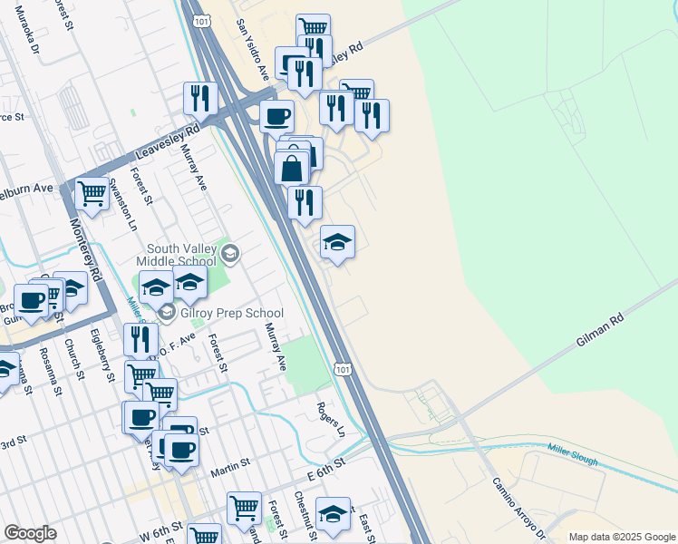 map of restaurants, bars, coffee shops, grocery stores, and more near 7810 Arroyo Circle in Gilroy