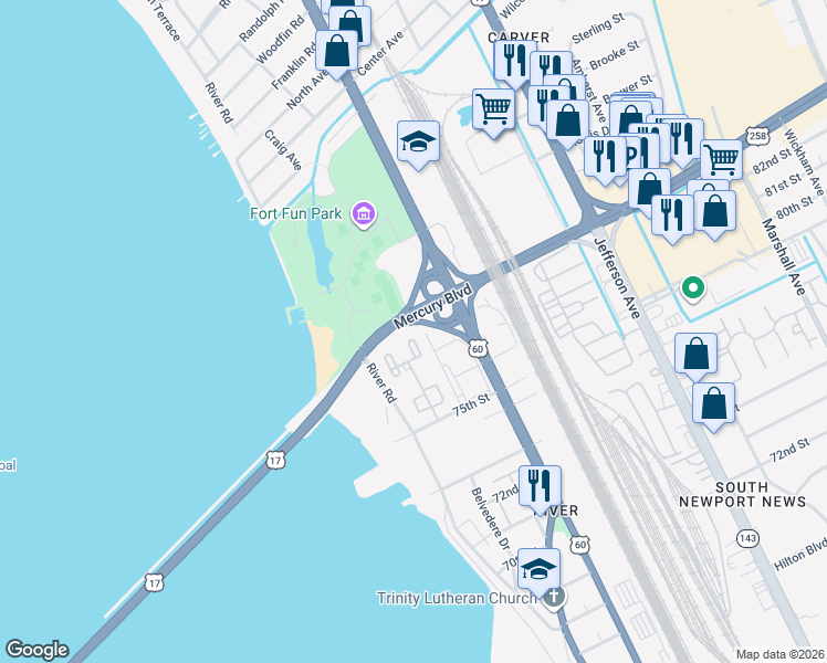 map of restaurants, bars, coffee shops, grocery stores, and more near 75 Towne Square Drive in Newport News
