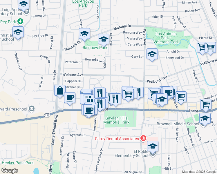 map of restaurants, bars, coffee shops, grocery stores, and more near 8235 Kern Avenue in Gilroy