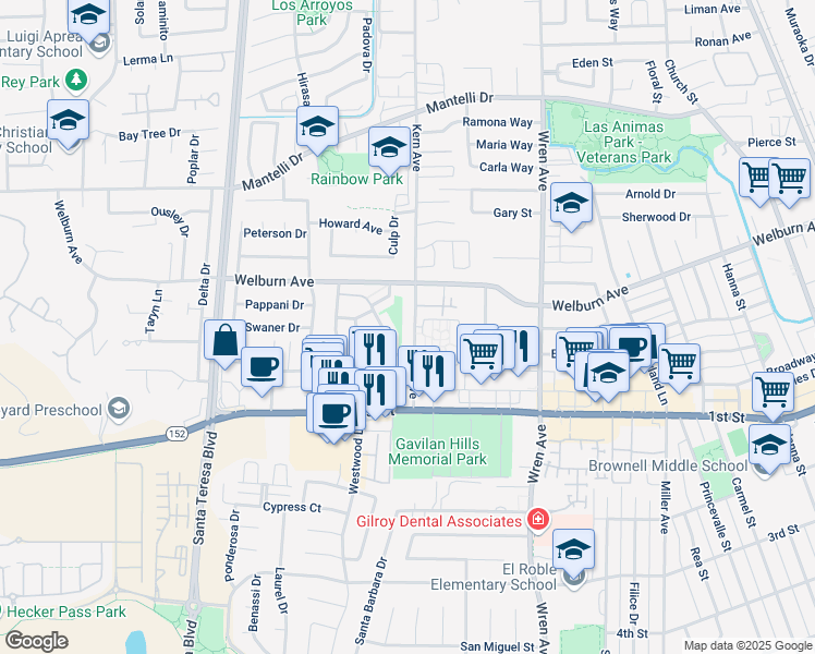 map of restaurants, bars, coffee shops, grocery stores, and more near 8235 Kern Avenue in Gilroy
