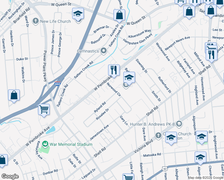 map of restaurants, bars, coffee shops, grocery stores, and more near 767 Norwood Circle in Hampton